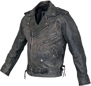 Mens black distressed leather jacket front view