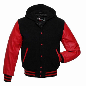 Red and black varsity jacket front view