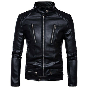 Biker fitted black leather jacket front view