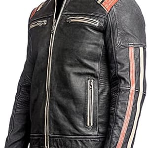 Vintage Stripe Leather Moto Racer Jacket