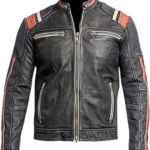 Vintage Stripe Leather Moto Racer Jacket