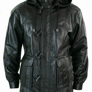 Knee Length Men’s Black Leather Hooded Jacket
