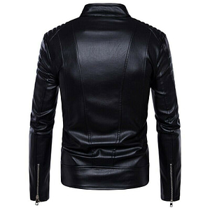 Men’s Stand Collar Multi-Zip Casual Biker Style Smart Fitted Black Faux Leather Jacket