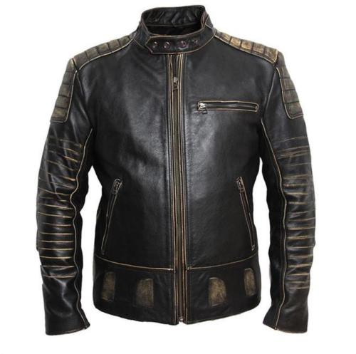 Mens cowhide cafe racer biker leather jacket front view