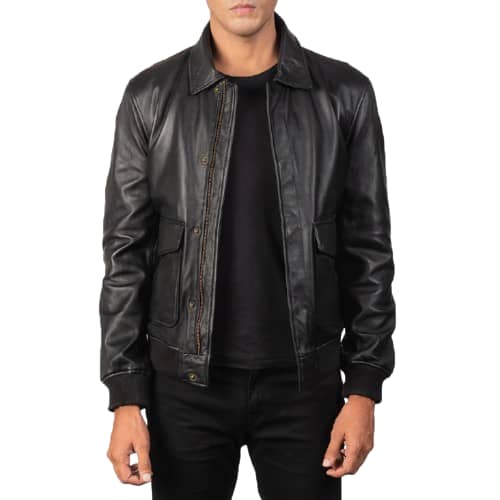 Mens black leather bomber jacket front view