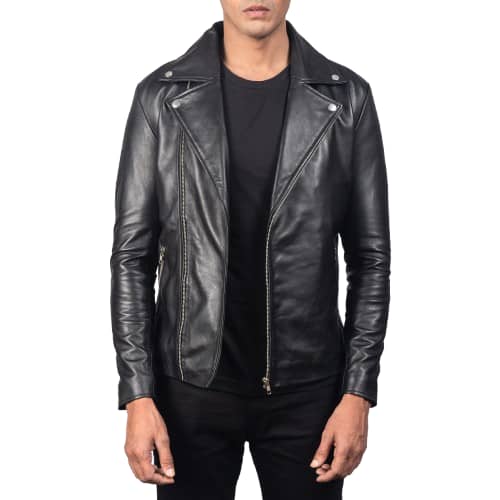 Mens black biker leather jacket front view