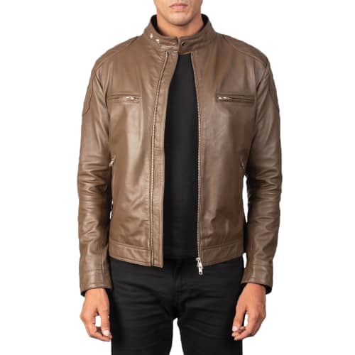 Mens brown leather biker jacket front view