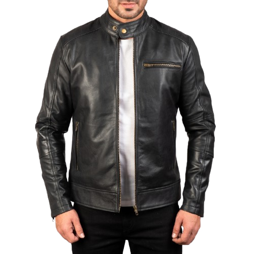 Mens dean black leather biker jacket front view