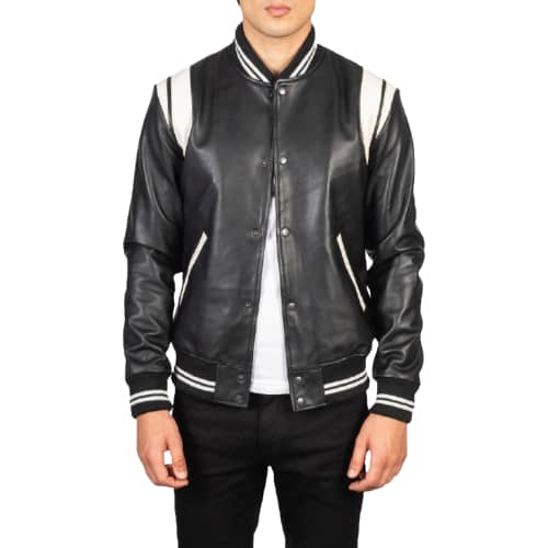 Mens black leather varsity jacket front view