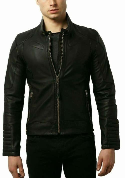 Mens black stylish leather jacket front view