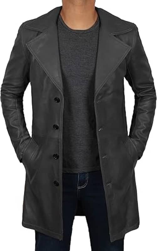 Mens long black leather jacket front view