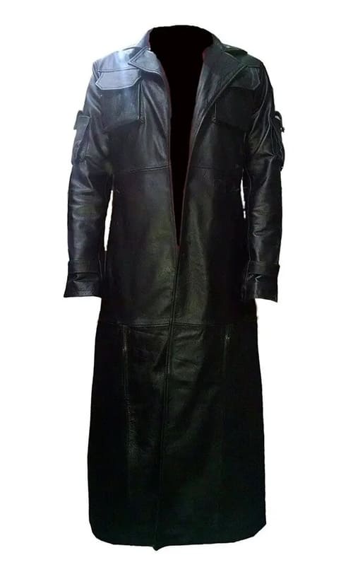 The punisher faux leather trench coat front view