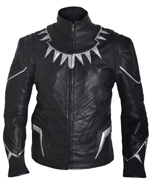 Mens black panther leather jacket front view