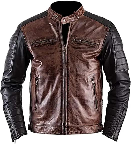 Black and brown leather jacket front view