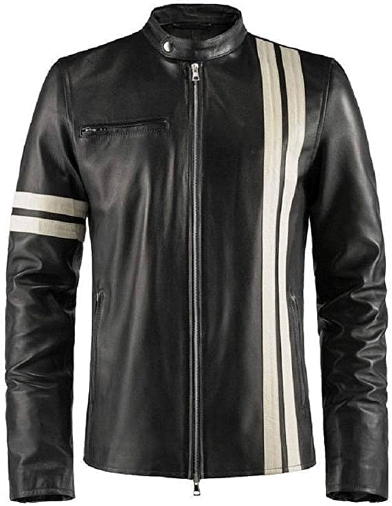black leather jacket with white stripes