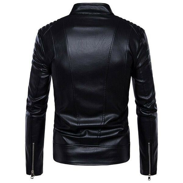 Biker fitted black leather jacket back view