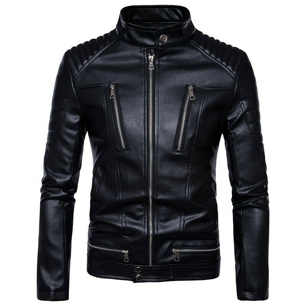 Biker fitted black leather jacket front view