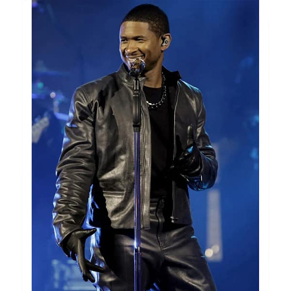 Usher black leather jacket from the super bowl halftime show front view