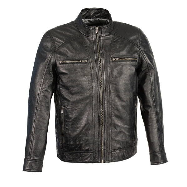 Mens black motorcycle fashion leather jacket front view