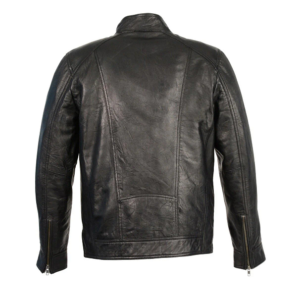 Mens black motorcycle fashion leather jacket back view