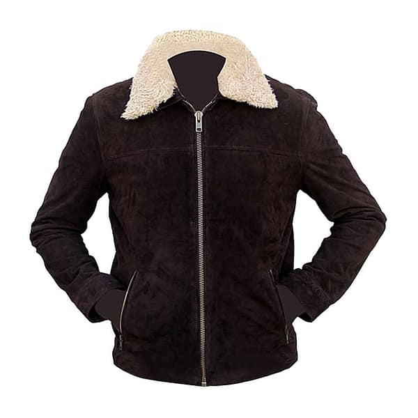 Mens brown soft suede leather jacket front view