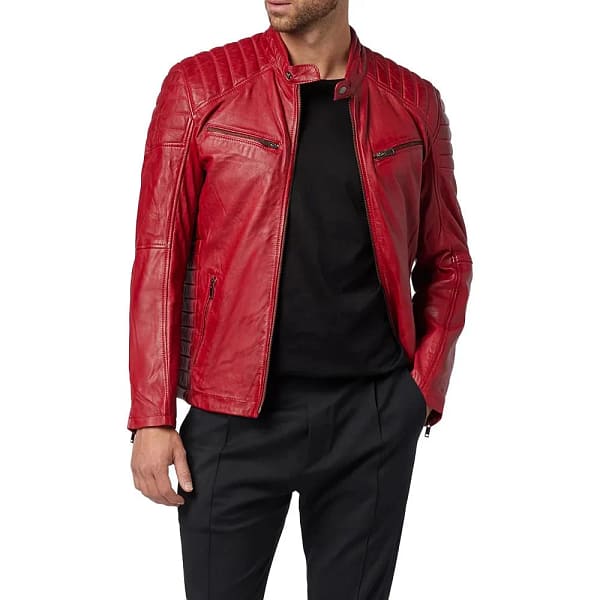 Mens red leather biker jacket front view