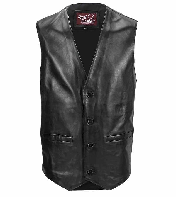 Black leather biker vest Front View