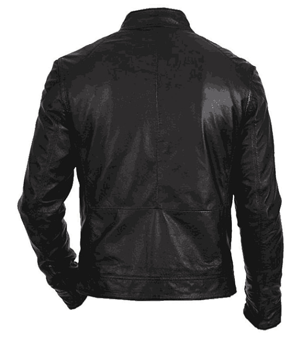 Fitted black mens biker leather jacket back view