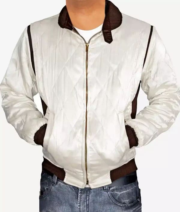 Mens white satin quilted bomber jacket front view