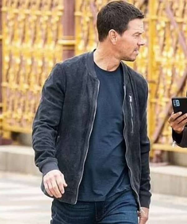 Model wearing mark wahlberg the union black bomber jacket