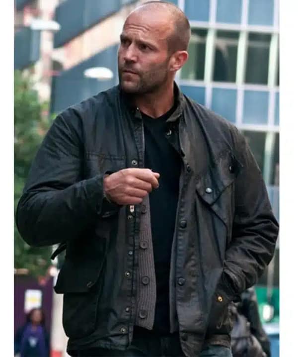 Model wearing jason statham blitz leather jacket