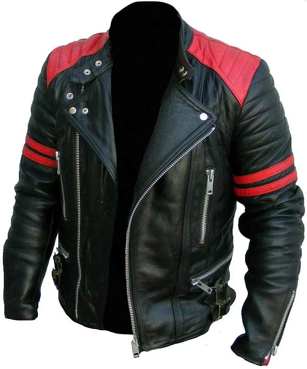 Red and black leather jacket front view