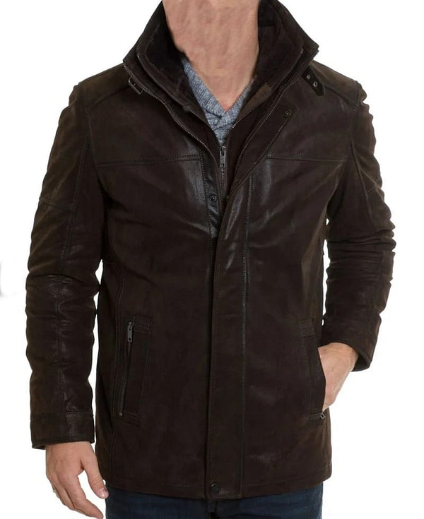 Mens double collar brown leather jacket front view