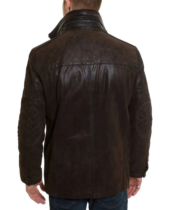 Mens double collar brown leather jacket back view