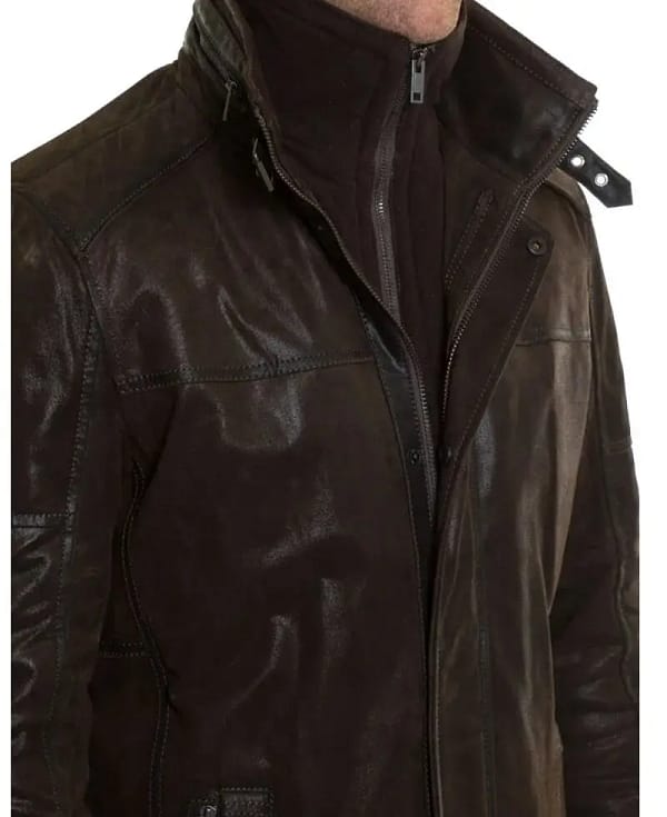 Mens double collar brown leather jacket close-up detail