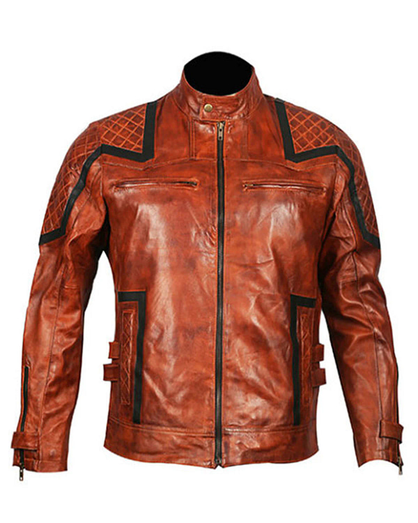 Mens distressed brown leather jacket front view