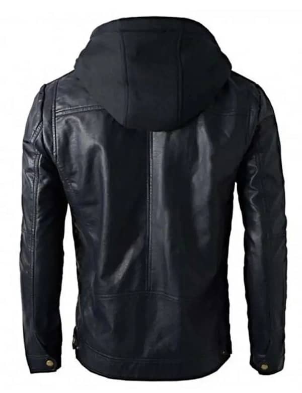 Mens hooded leather jacket back view