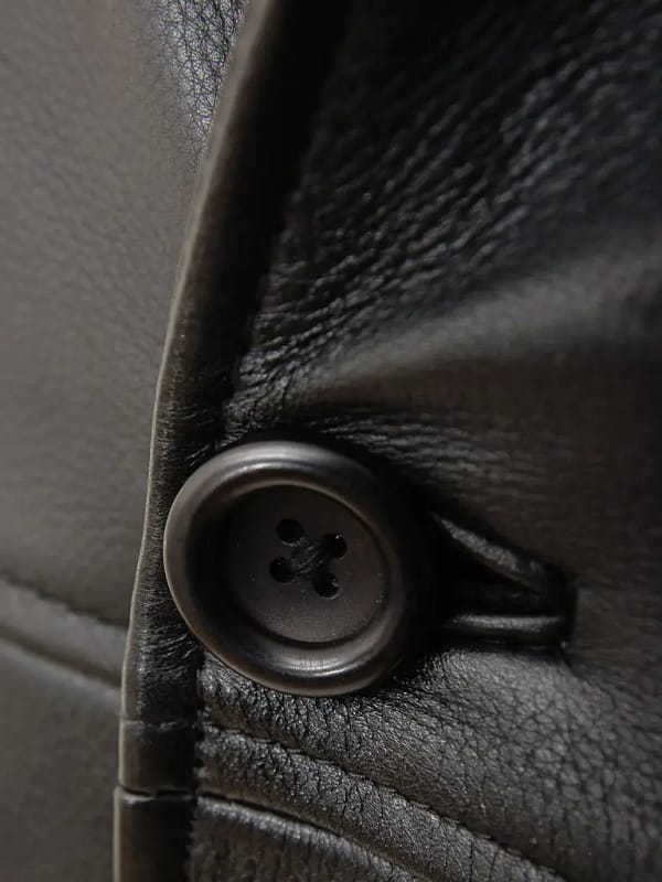 Black leather reefer jacket close-up details