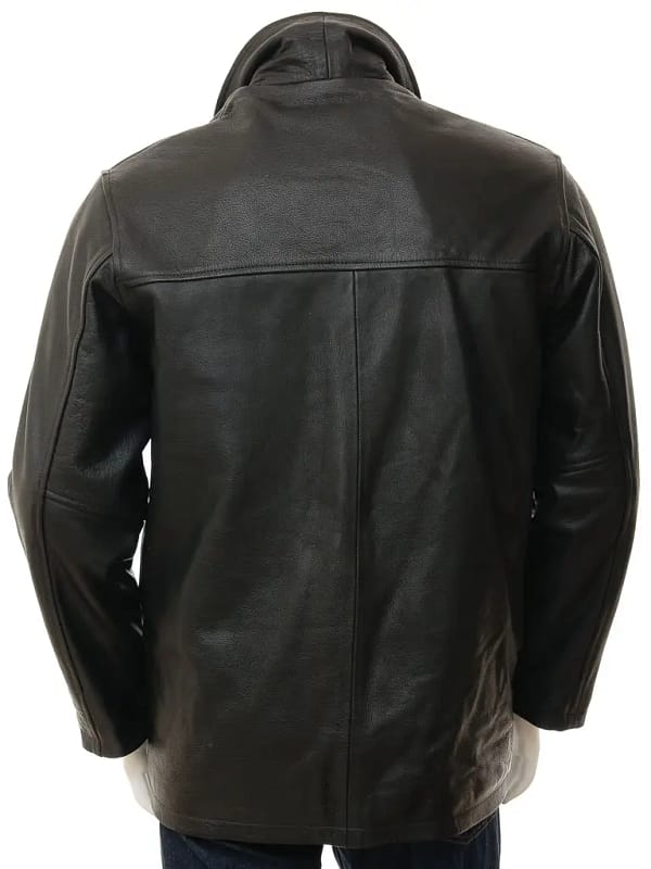 Black leather reefer jacket back view