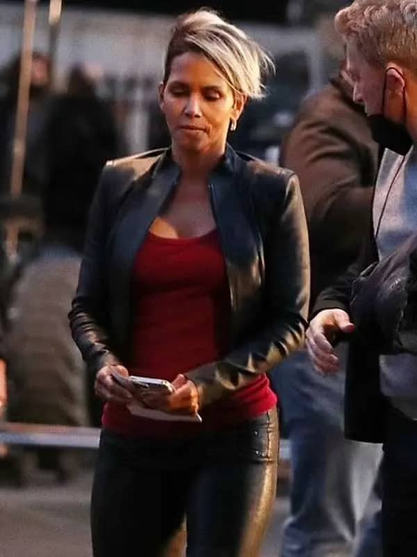 Model wearing the union 2024 halle berry black leather jacket