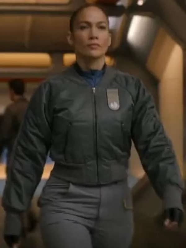 Model wearing jennifer lopez atlas 2024 grey bomber jacket