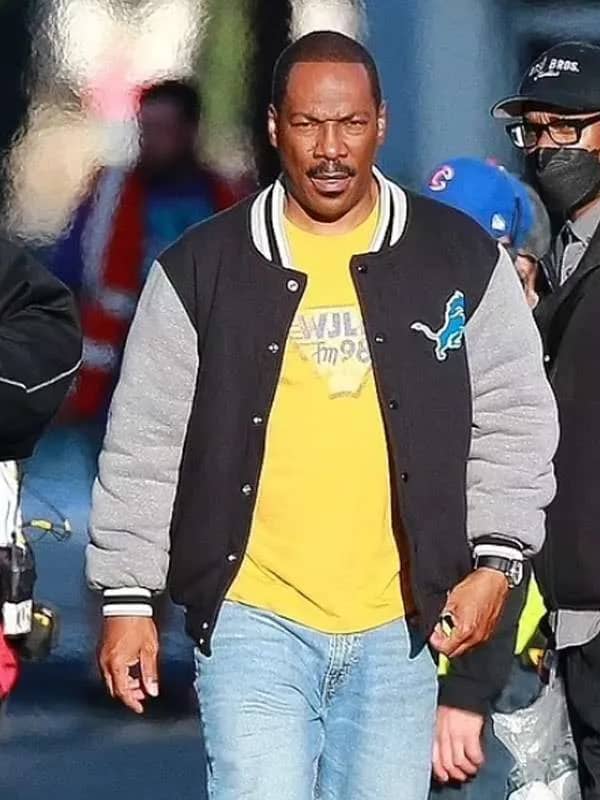 Model wearing beverly hills cop axel f bomber jacket