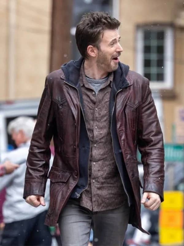 Model wearing red one chris evans jacket