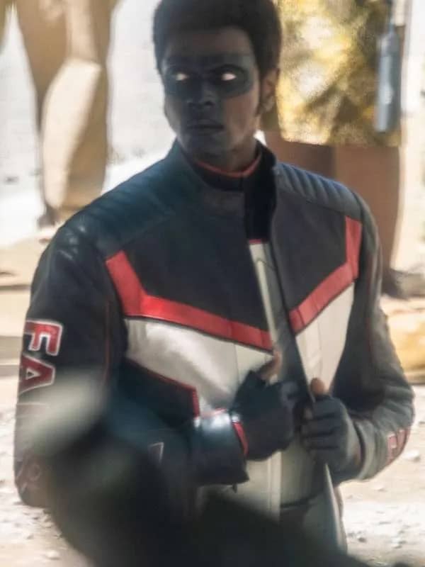 Model wearing mister terrific superman 2025 leather jacket