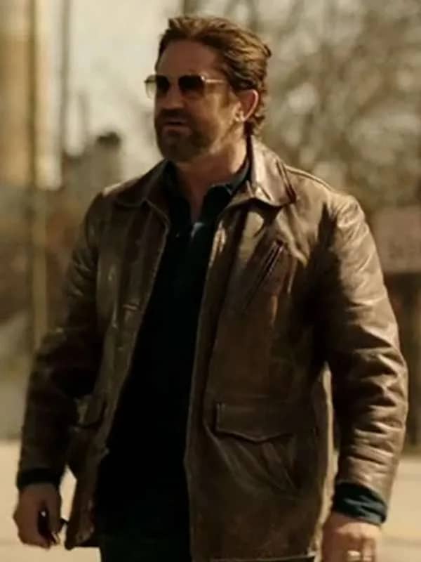 Model wearing gerard butler den of thieves leather jacket