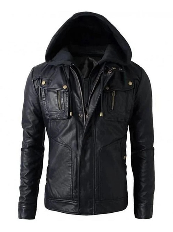 Mens hooded leather jacket, front view