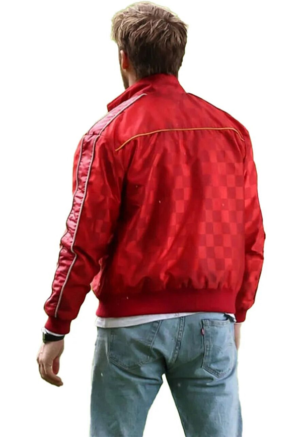 The Fall Guy Ryan Gosling red bomber satin jacket back view