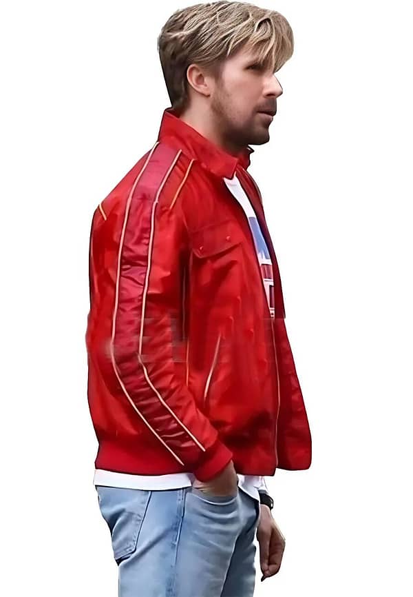 The Fall Guy Ryan Gosling red bomber satin jacket side view