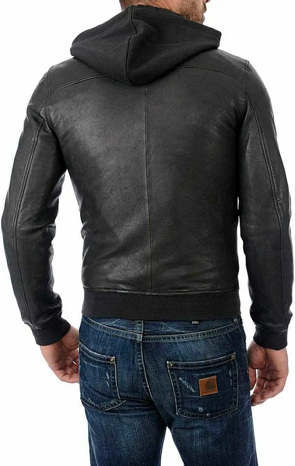 Mens lambskin black leather motorcycle jacket back view