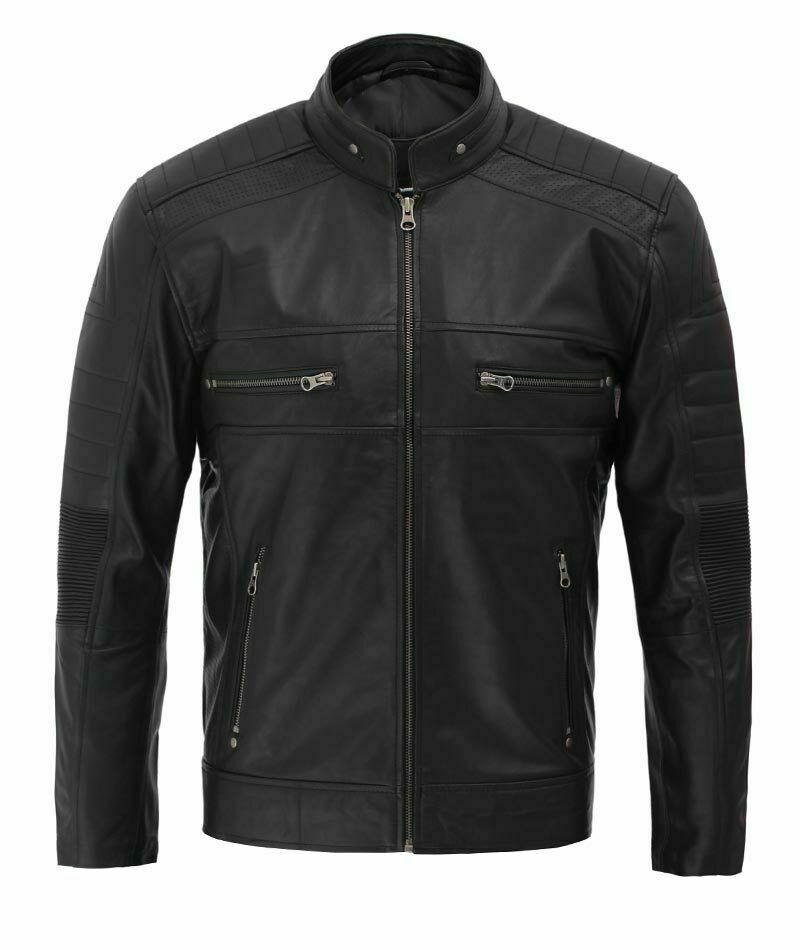 Mens casual black leather jacket front view